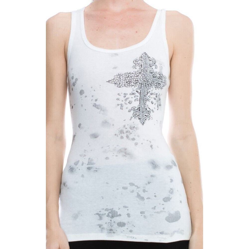 Vocal Tank Top Size L Tribal Cross Silver Rhinestone Embellished Womens Shirt - Picture 4 of 4